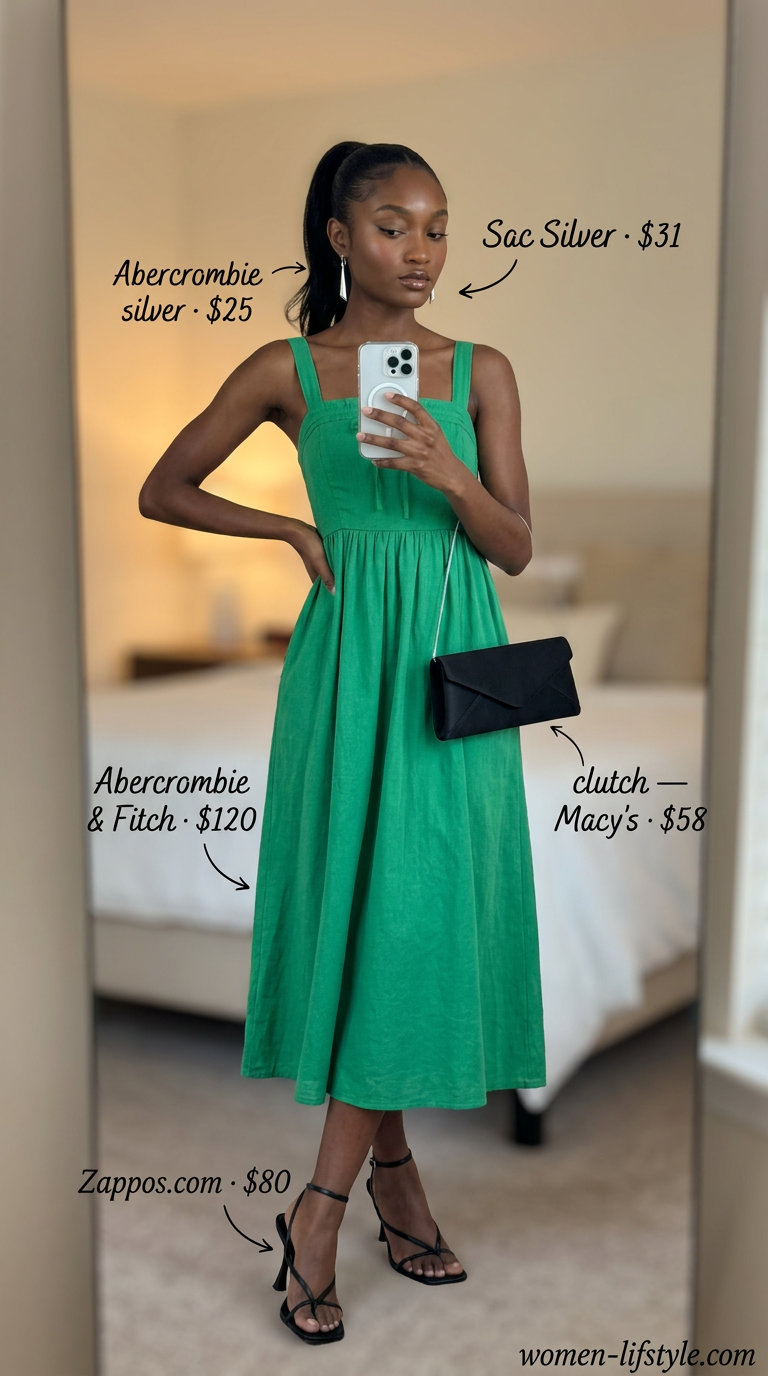 Petite summer midi outfits for women 2026: Sophisticated emerald green slip midi dress for date night.