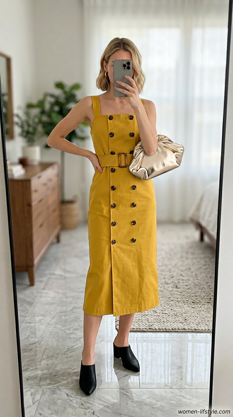 Petite summer midi outfits for women 2026: Chic mustard yellow midi dress with heeled mules for evening out.