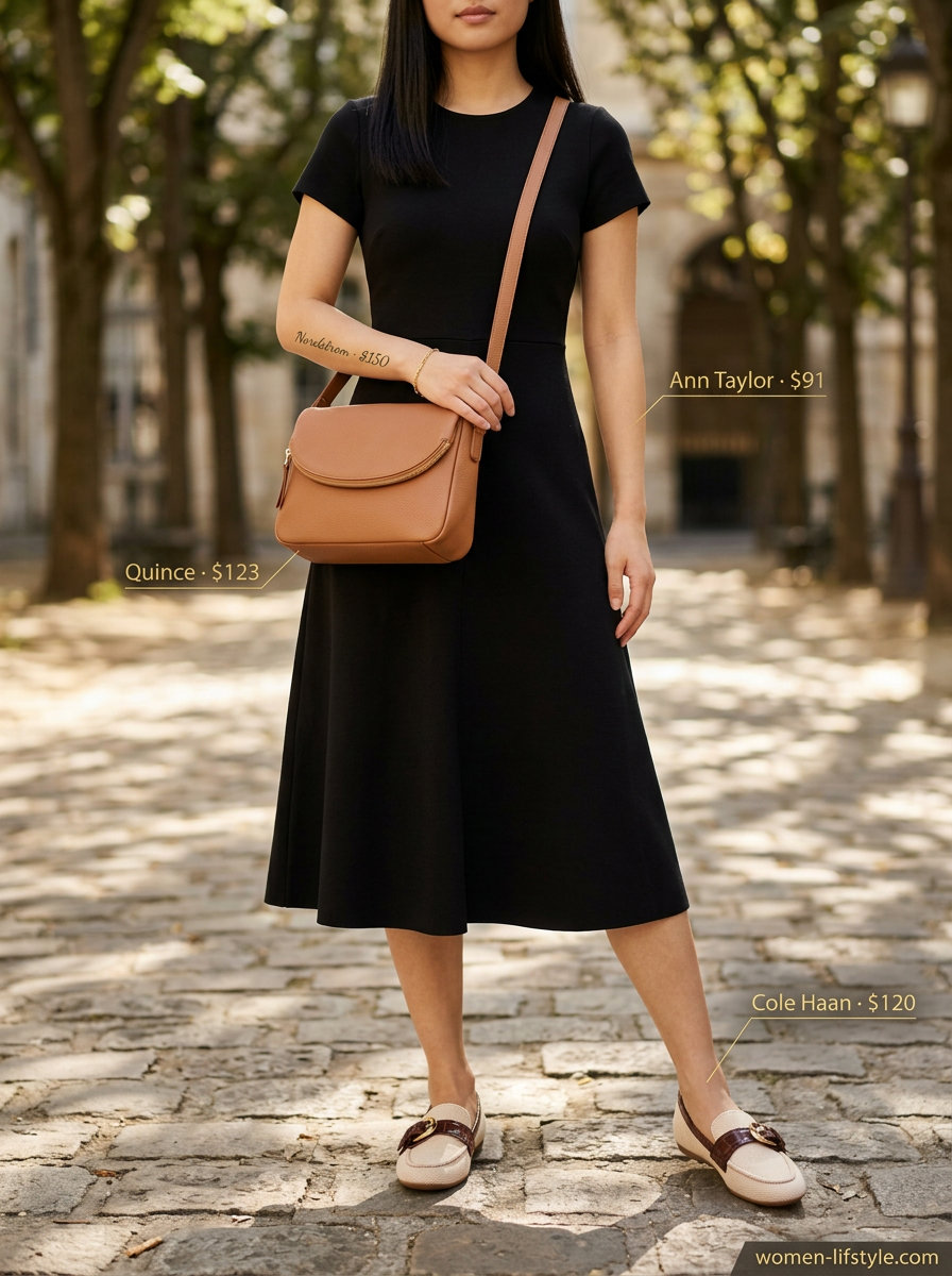Petite summer midi outfits for women 2026: Polished city look with navy midi dress, tan loafers, and crossbody bag.