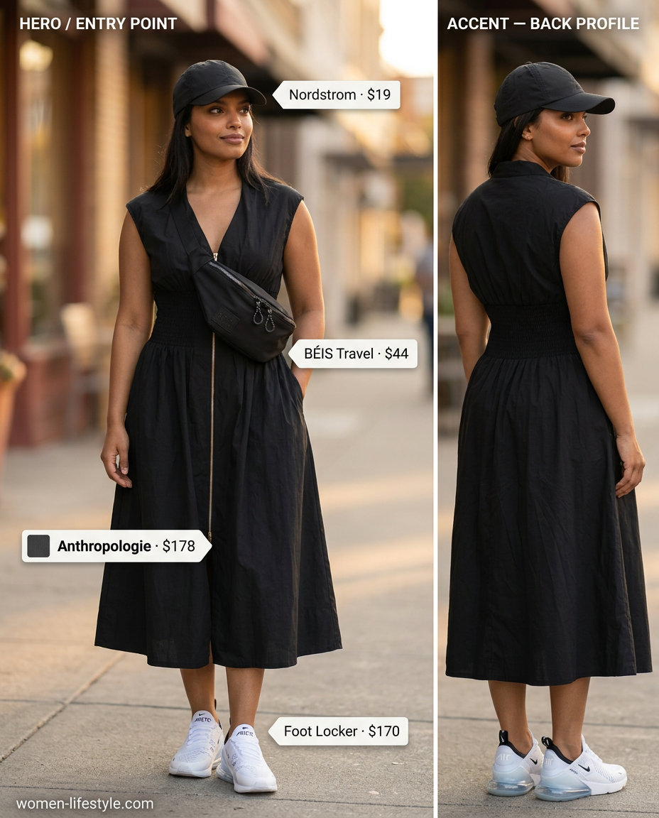 Petite summer midi outfits for women 2026: Athleisure grey hoodie & black leggings with white sneakers, baseball cap, and belt bag.