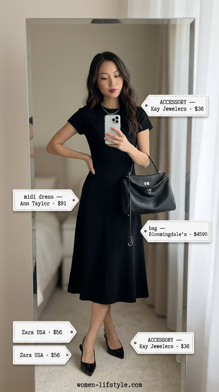 Petite summer midi outfits for women 2026: Minimalist beige midi dress with black slingbacks, silver necklace, and black bag.