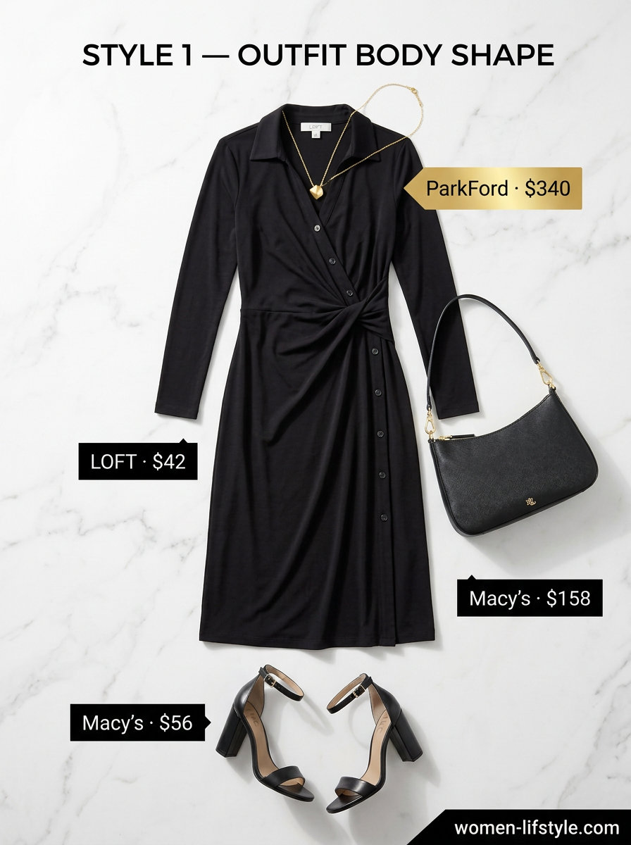 Petite summer midi outfits for women 2026: Beige midi dress with black block heels for office.