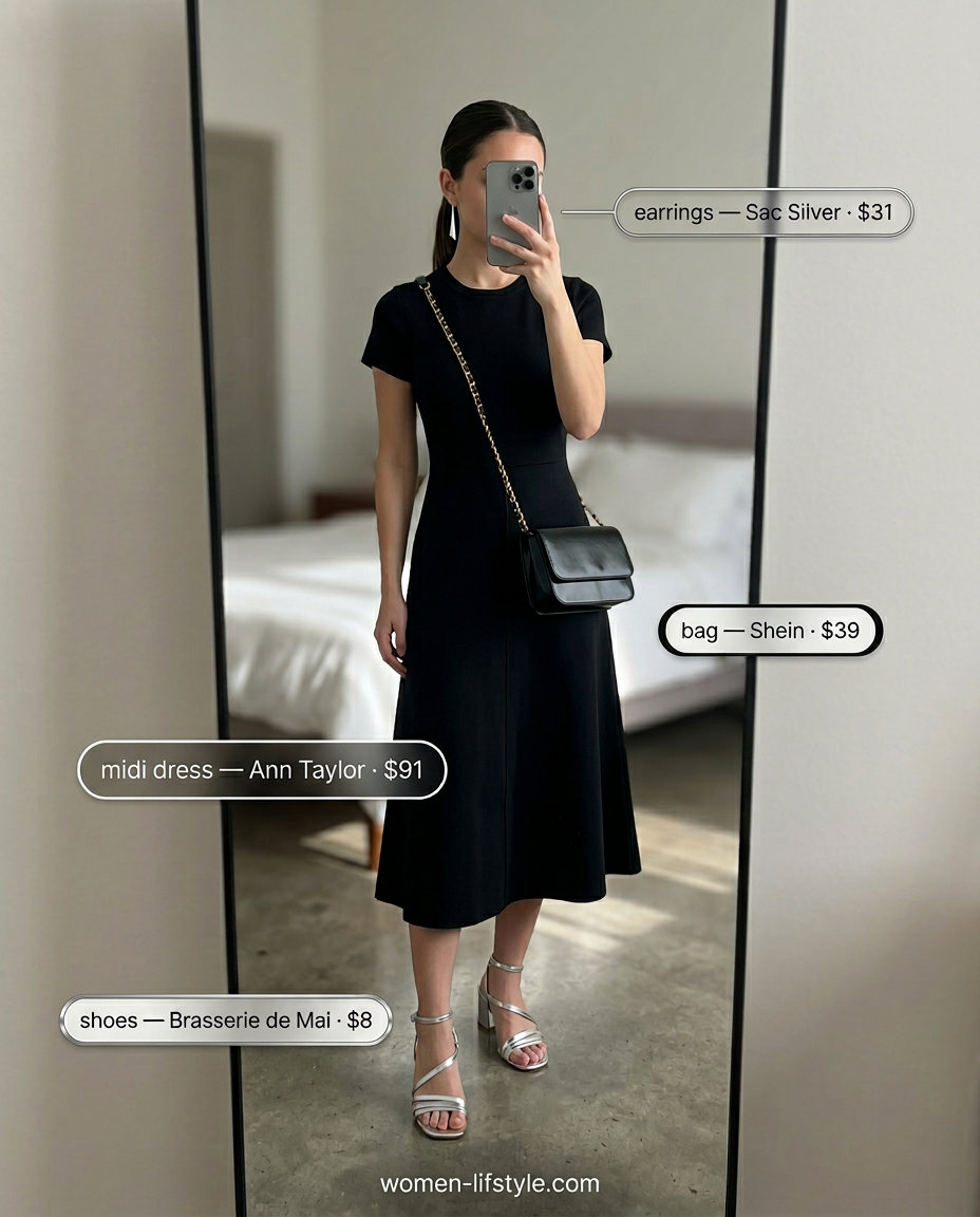 Petite summer midi outfits for women 2026: Black jumpsuit with silver sandals for evening out.