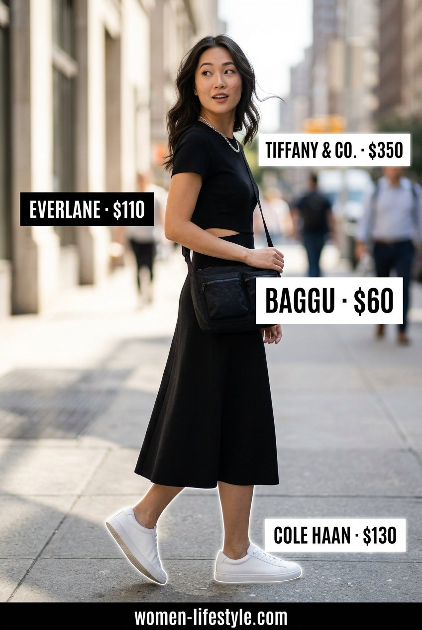 Petite summer midi outfits for women 2026: Olive cargo pants with white sneakers, silver necklace, and black crossbody bag.