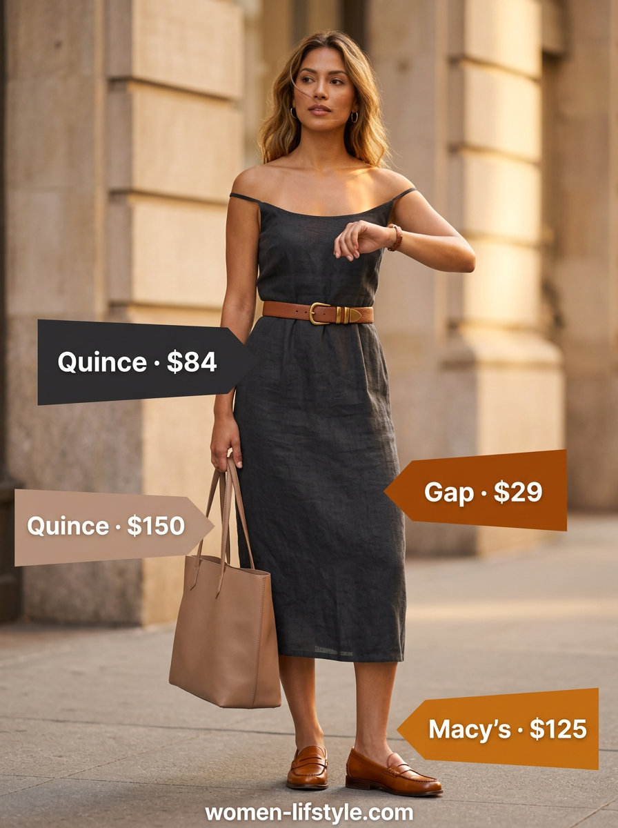 Petite summer midi outfits for women 2026: Casual denim midi dress with brown belt, loafers, and tan tote for everyday.