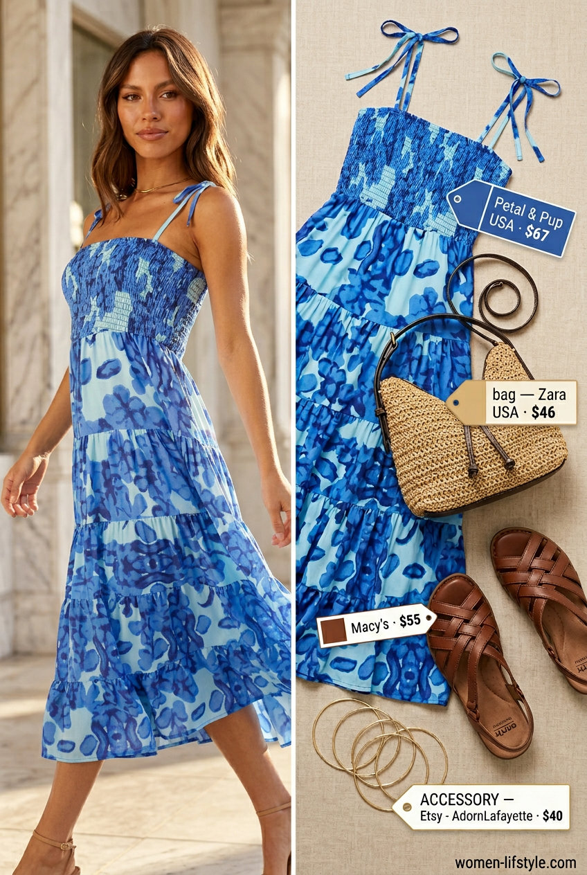 Petite summer midi outfits for women 2026: Denim shorts with coral blouse, tan sandals, gold bangles, and beige crossbody bag.