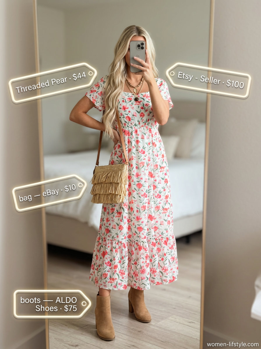 Petite summer midi outfits for women 2026: Coral floral maxi dress with tan ankle boots for garden party.