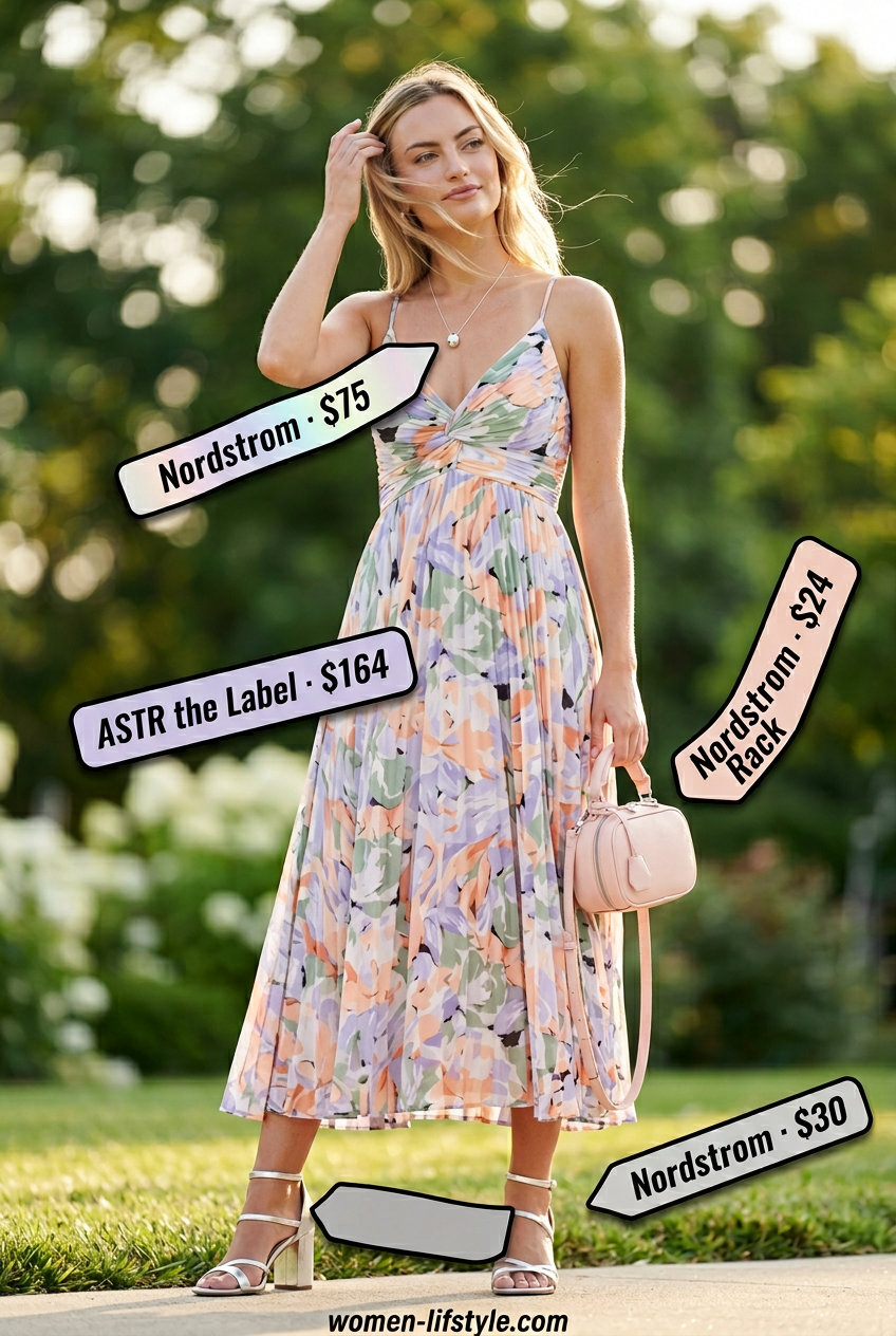 Petite summer midi outfits for women 2026: Floral midi dress with silver block heels, pendant necklace, and pale pink crossbody.