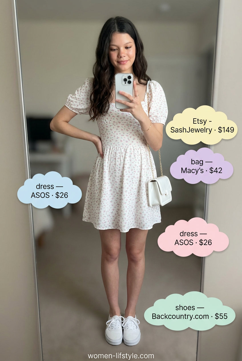 Petite summer midi outfits for women 2026: Pastel floral mini dress with white sneakers for garden party.