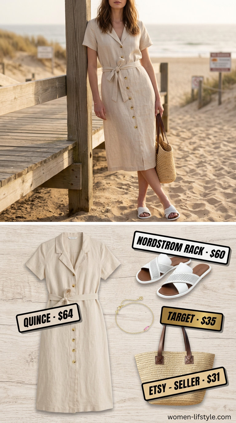 Petite summer midi outfits for women 2026: Linen shirt dress with straw tote and leather slides for brunch.