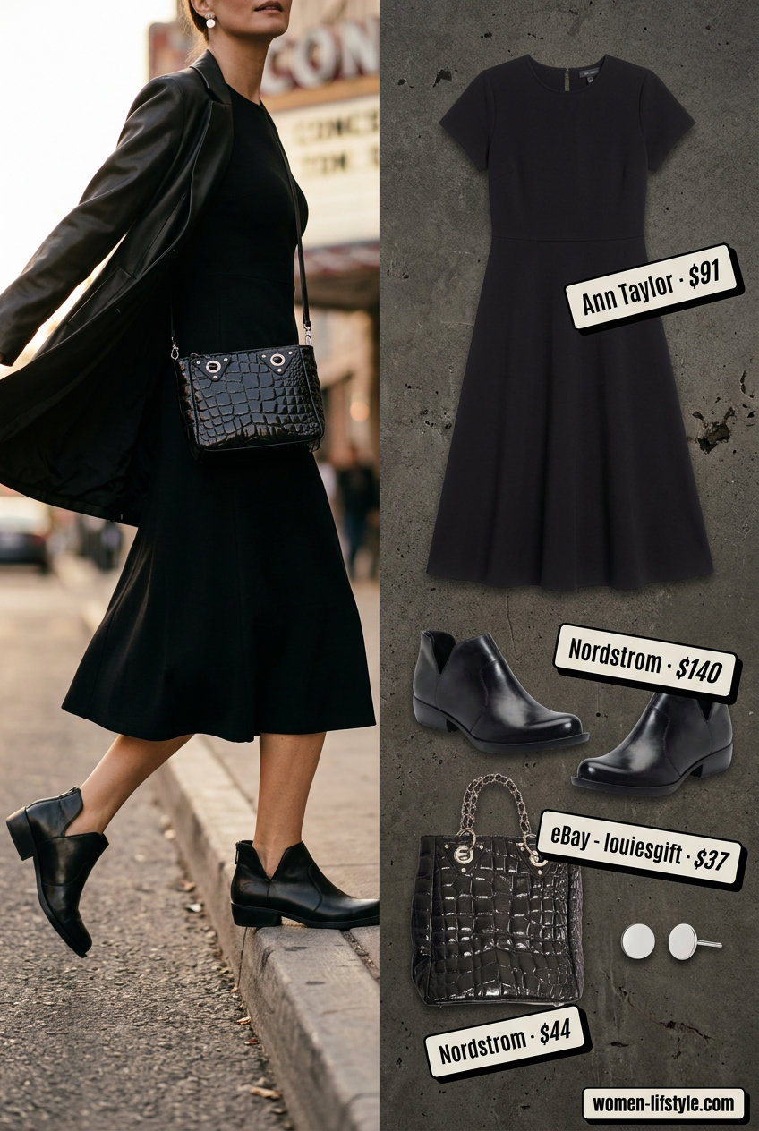 Petite summer midi outfits for women 2026: Midi dress with leather jacket for edgy night out.