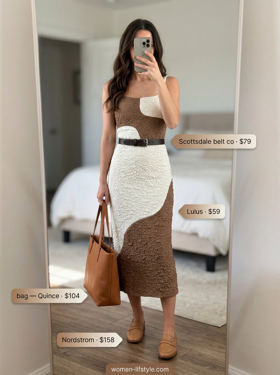 Petite summer midi outfits for women 2026: Classic white midi dress with tan loafers, belt, and tote for smart casual office.