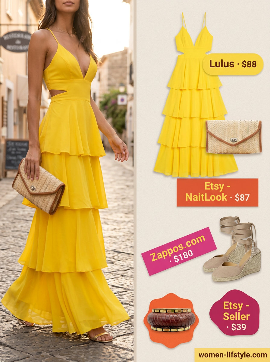 Petite summer midi outfits for women 2026: Vibrant yellow tiered maxi dress with espadrilles, gold bangles, and straw clutch.