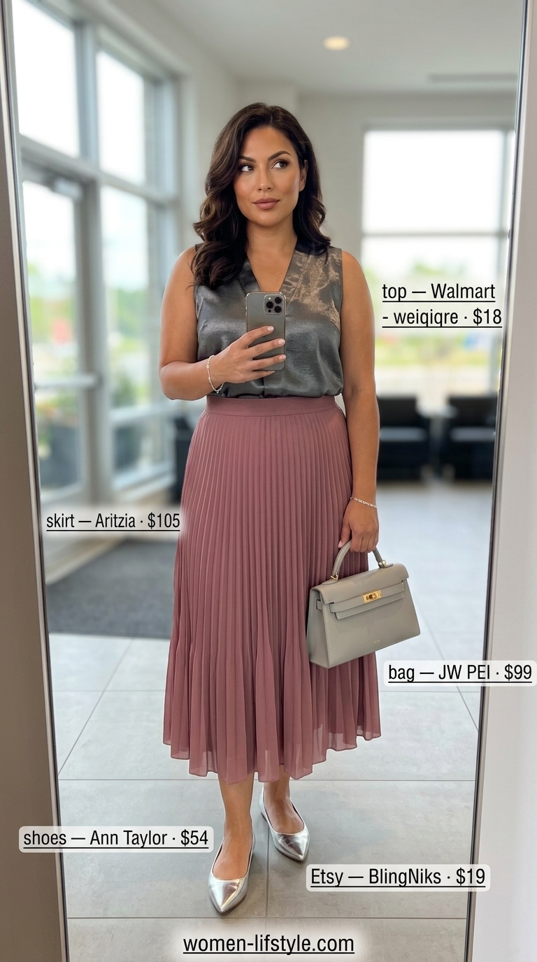 Polished summer work outfits for women 2026: Blush pink skirt, grey blouse, silver flats for networking.