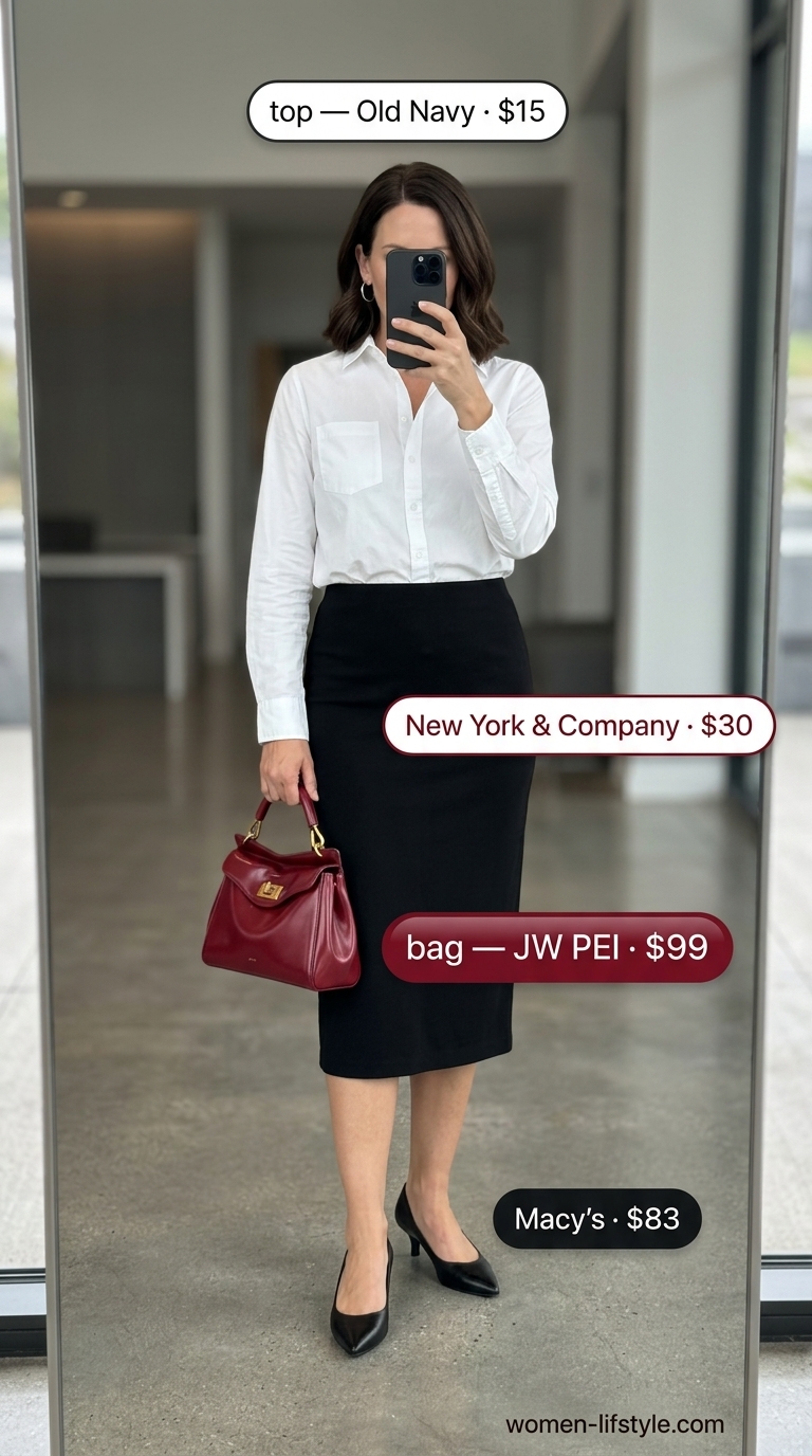 Polished summer work outfits for women 2026: Black pencil skirt, white button-down, cherry red bag for client lunch.
