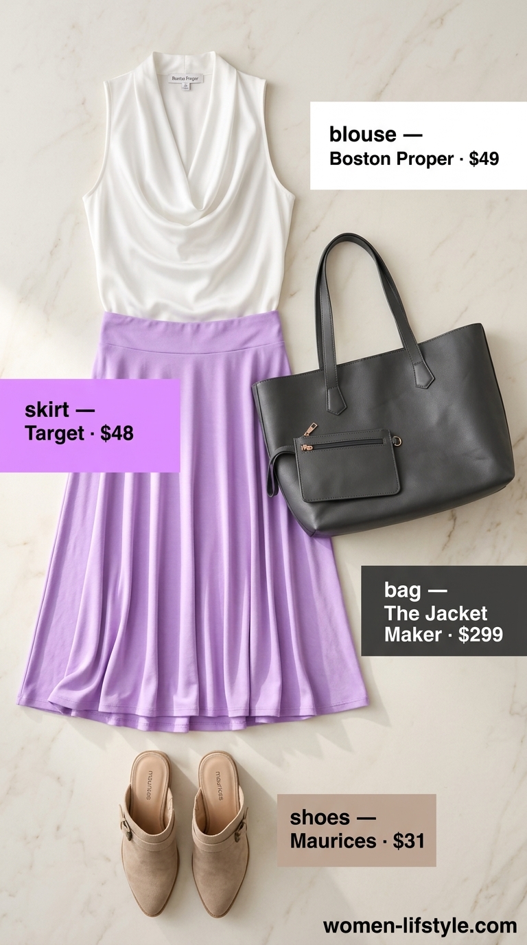 Polished summer work outfits for women 2026: Lavender A-line skirt, white silk blouse, grey mules for office.