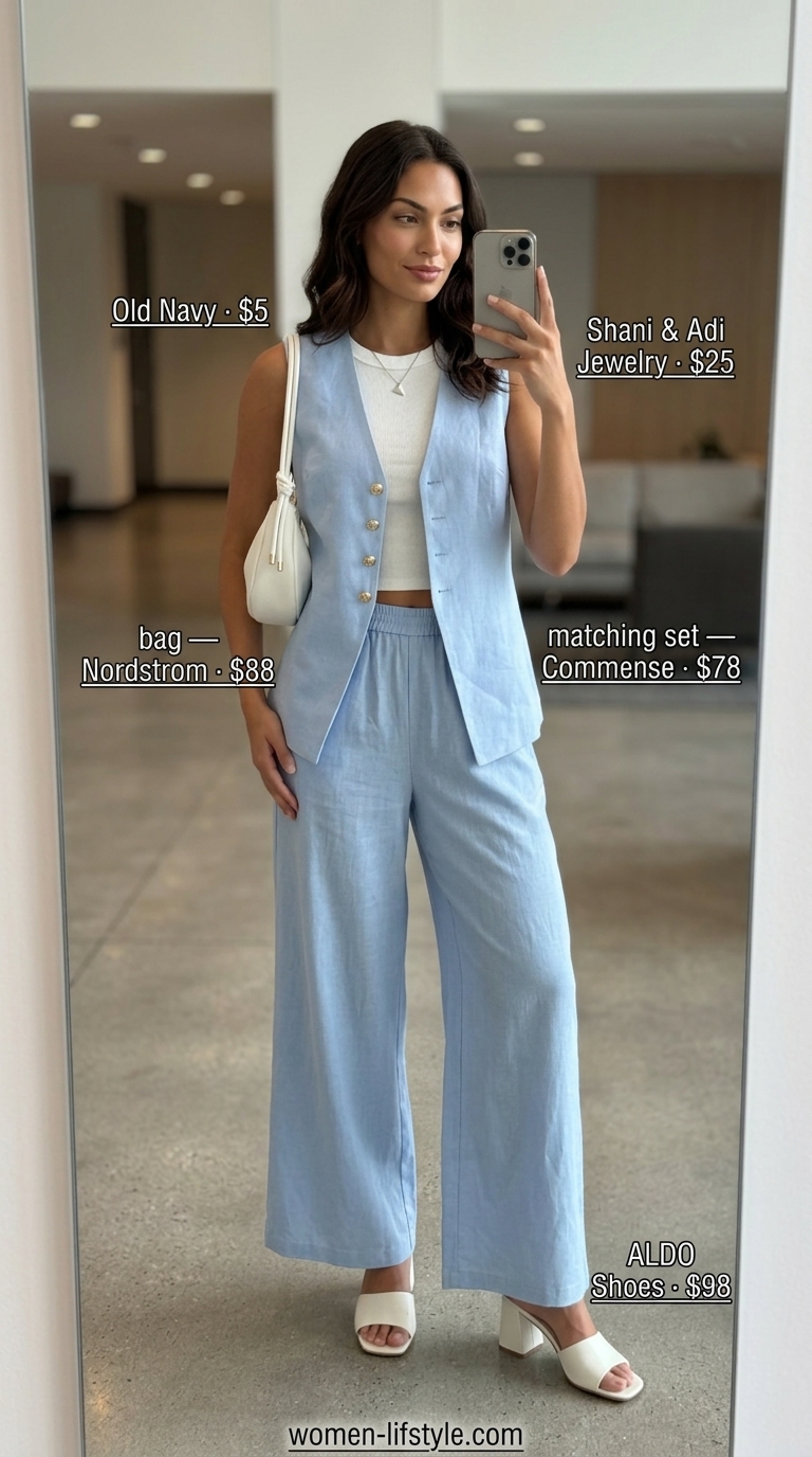 Polished summer work outfits for women 2026: Light blue matching set with white tank and mules for team collaboration.