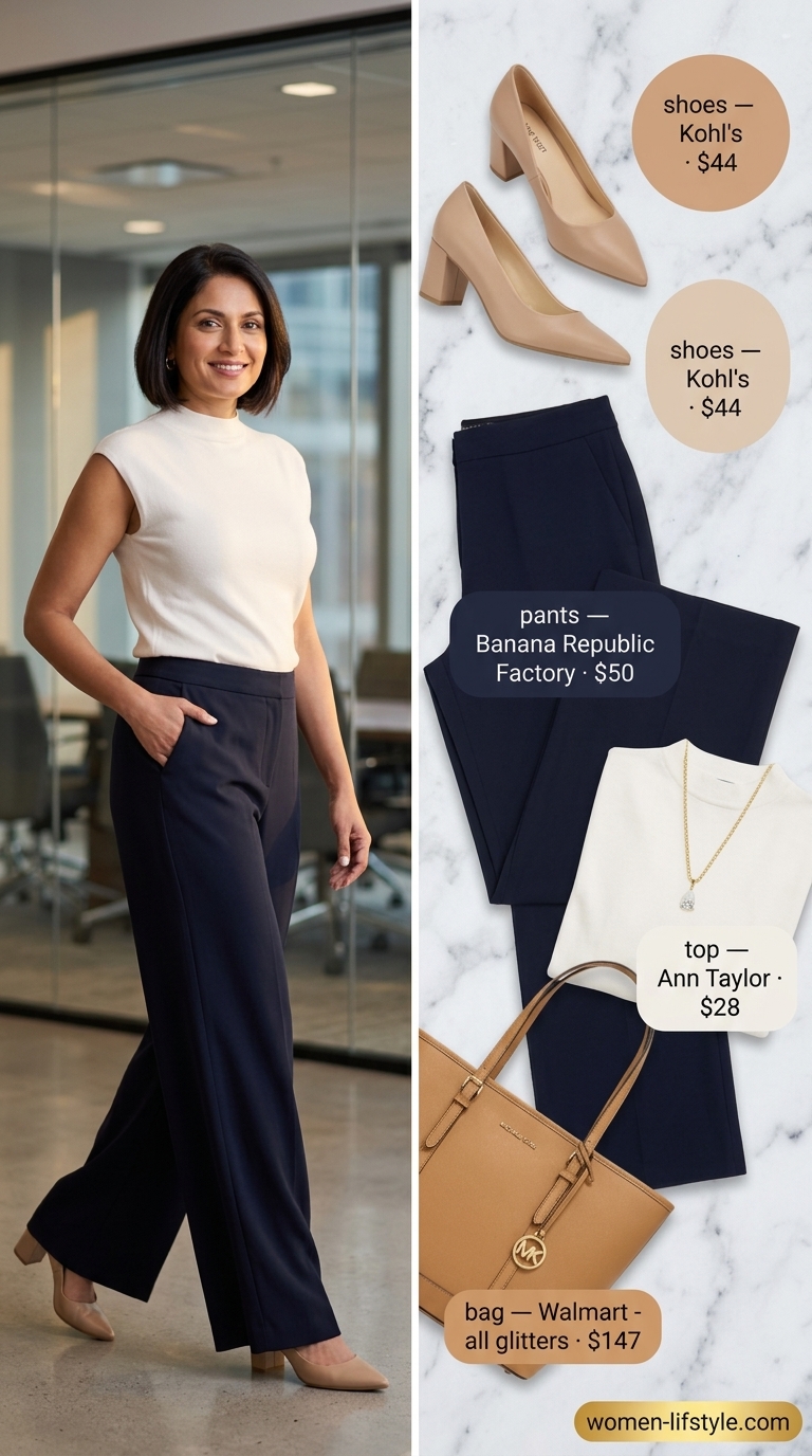 Polished summer work outfits for women 2026: Navy wide-leg trousers, white shell top, tan pumps for office.