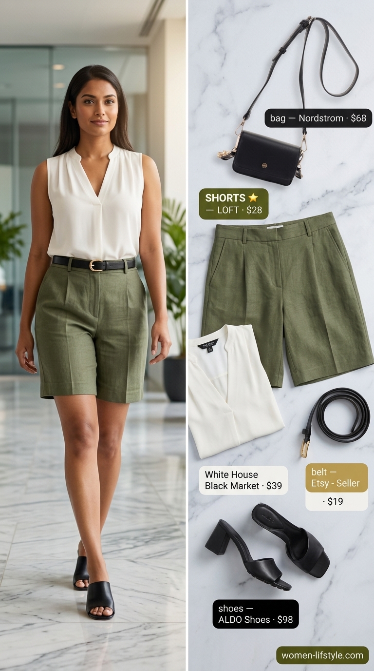 Polished summer work outfits for women 2026: Olive green shorts, ivory blouse, black heeled mules for casual Friday.