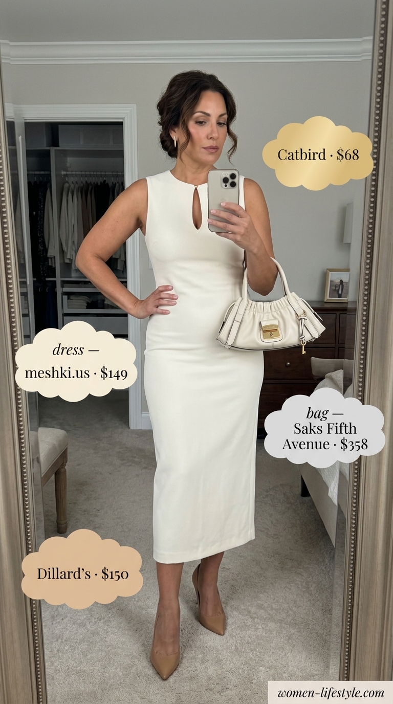 Polished summer work outfits for women 2026: Cream sheath dress, nude pumps, cream satchel for presentations.