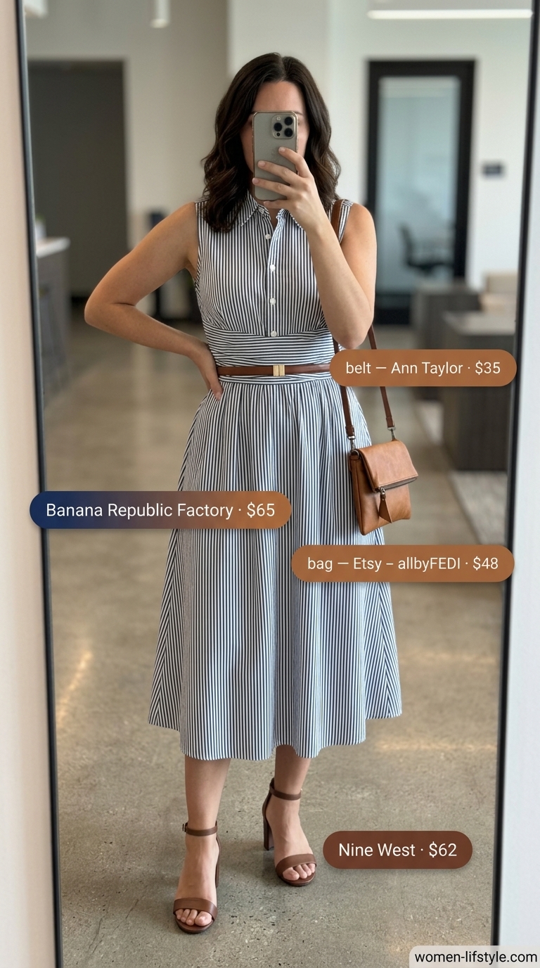 Polished summer work outfits for women 2026: Blue striped shirt dress, cognac belt and sandals for versatile office wear.