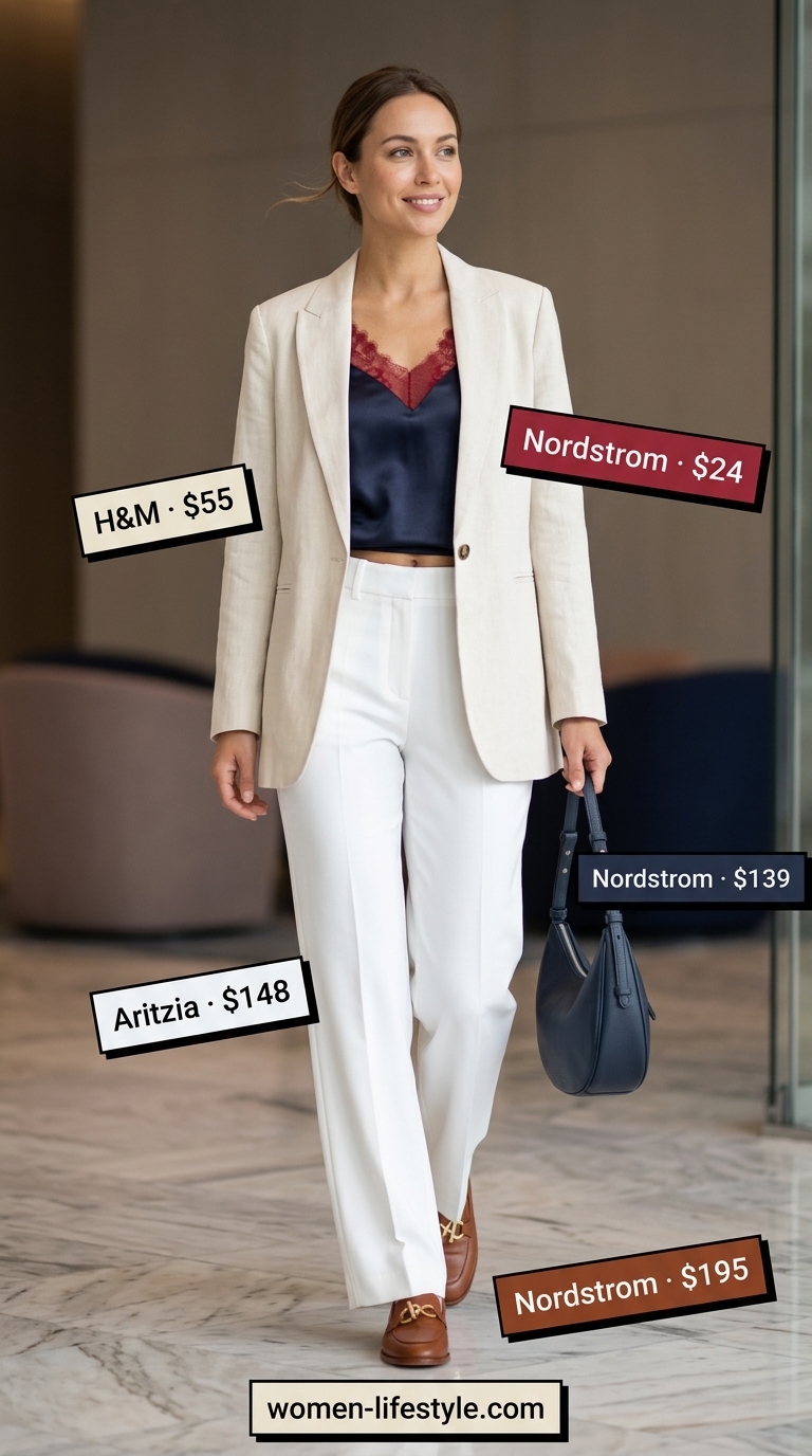 Polished summer work outfits for women 2026: Tan blazer, white top, navy trousers for business casual.