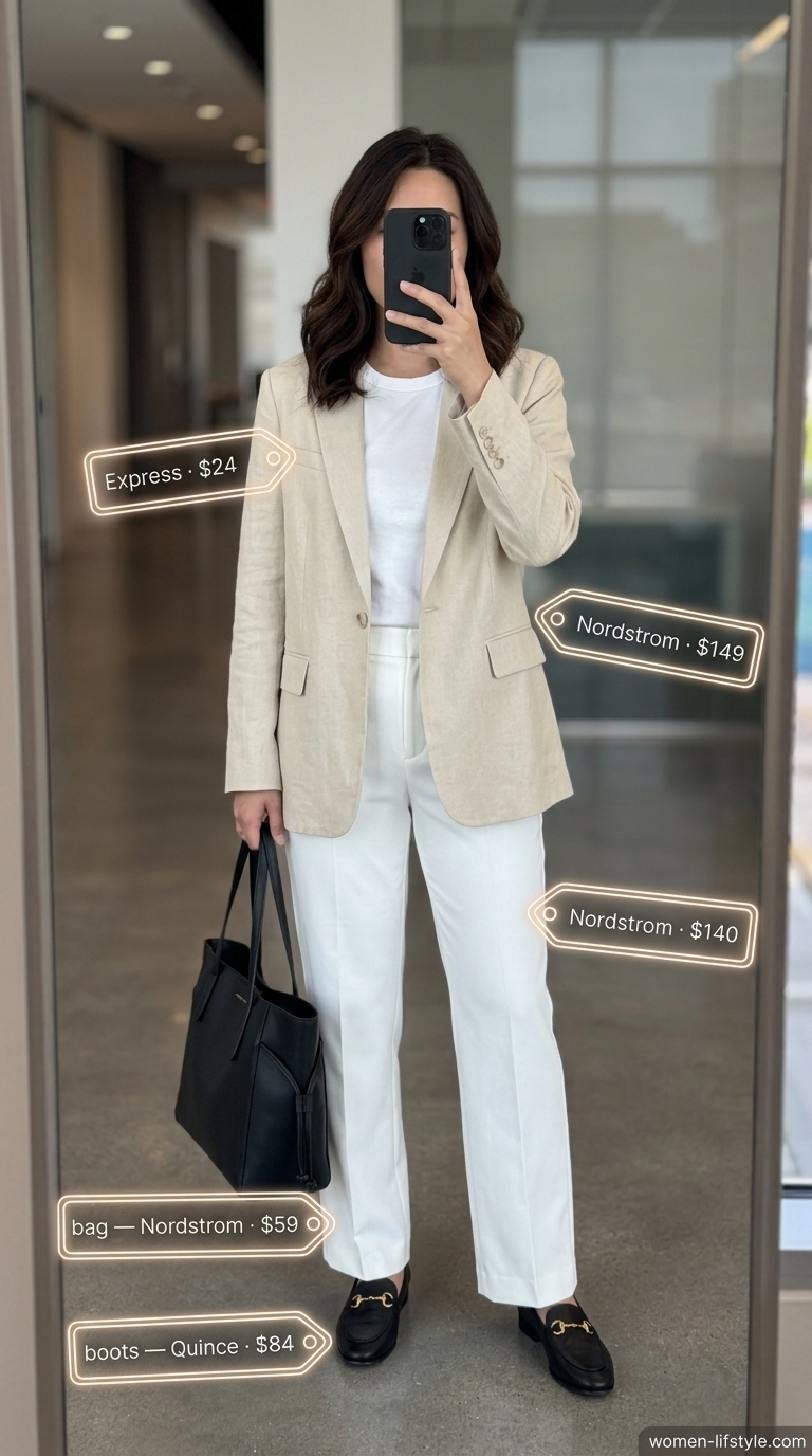 Beige linen blazer, white tee, black trousers, and loafers for casual Friday.