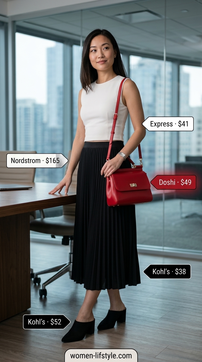 Polished summer work outfit: Black pleated skirt, white knit top, and red bag for a chic, dynamic office statement.