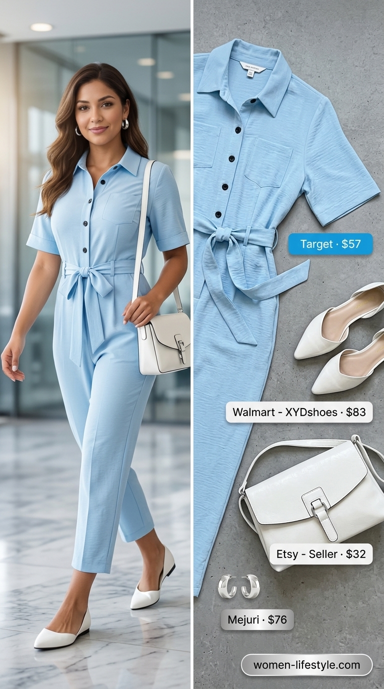 Polished summer work outfit: Sky blue utility jumpsuit, white d'Orsay flats, and structured satchel for modern office style.