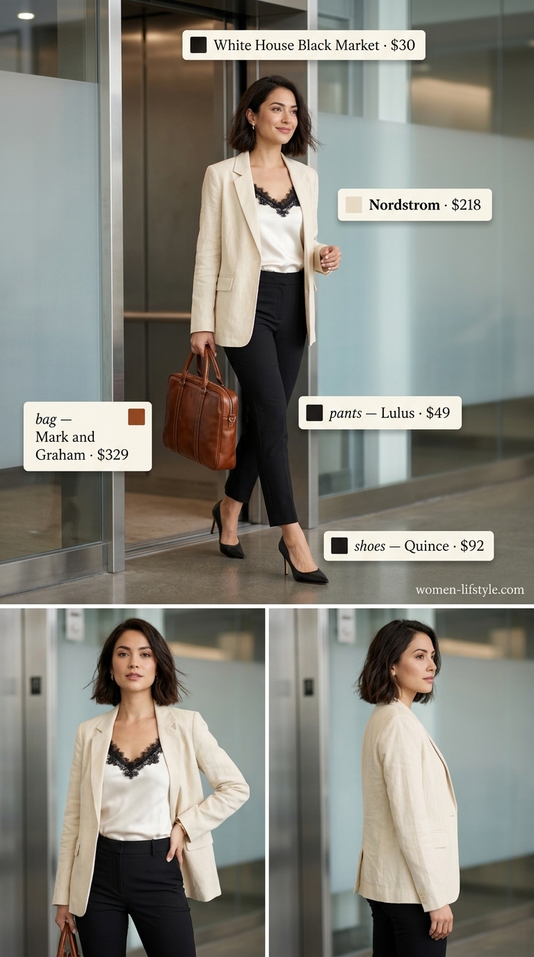 Polished summer work outfit: cream linen blazer, black trousers, and pointed pumps for a board meeting.