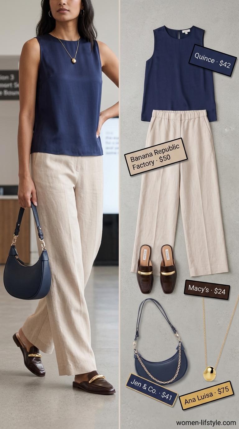 Polished summer work outfit: Cream wide-leg trousers, navy silk top, and flat mules for elevated comfort and style.