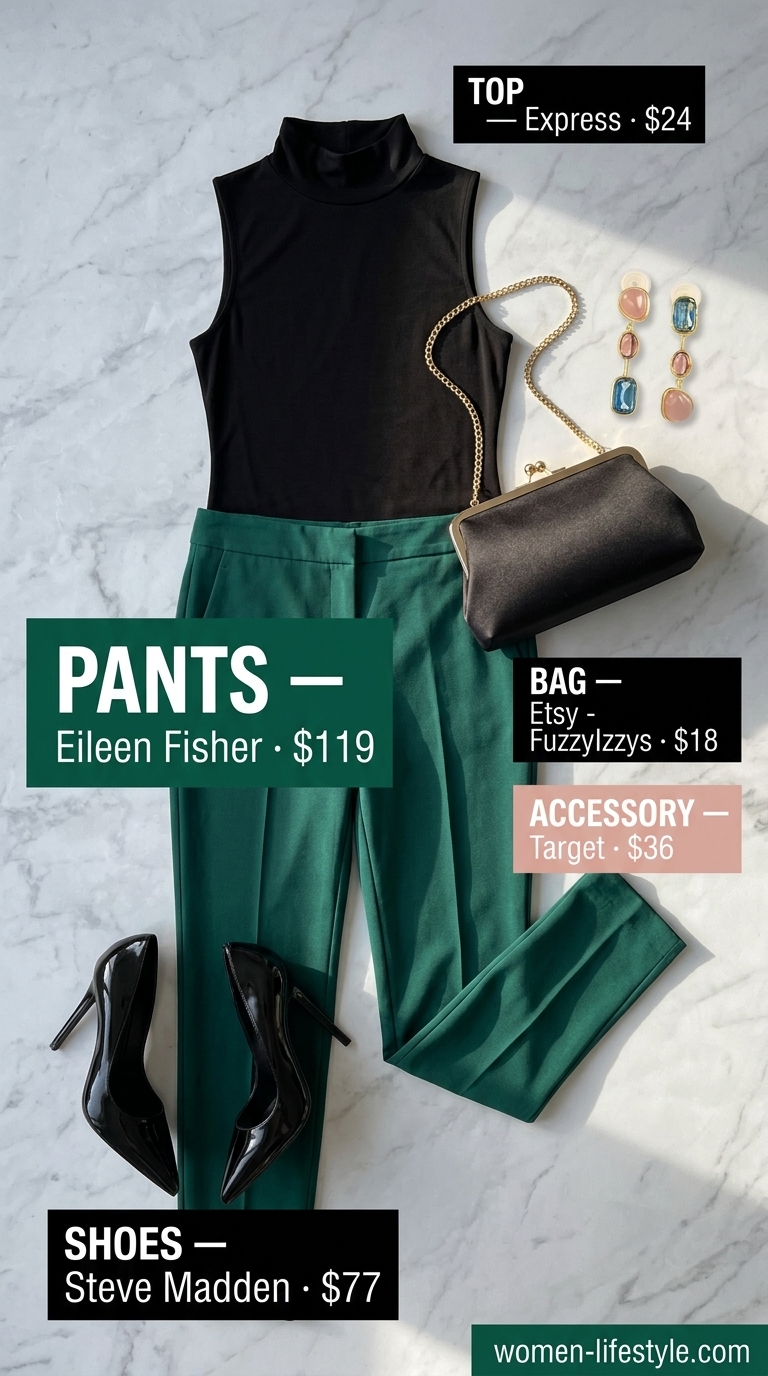 Emerald green cigarette pants, black mock neck top, and stilettos for a formal meeting.