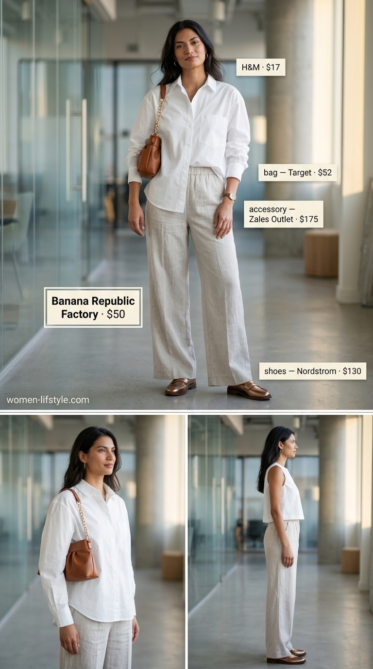 Relaxed grey linen trousers, white shirt, and loafers for a casual office day or WFH.