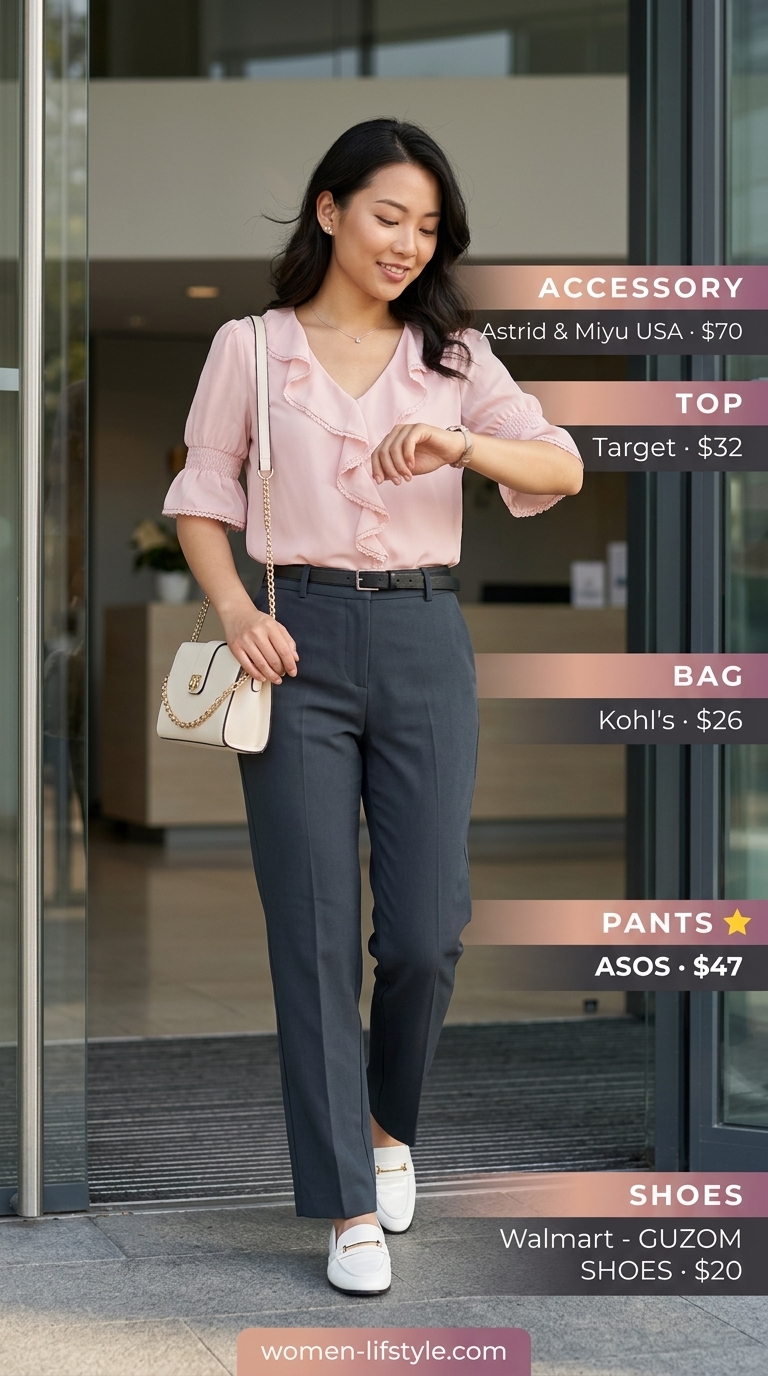 Polished summer work outfit: Light grey trousers, blush pink blouse, and white loafers for a soft, approachable look.