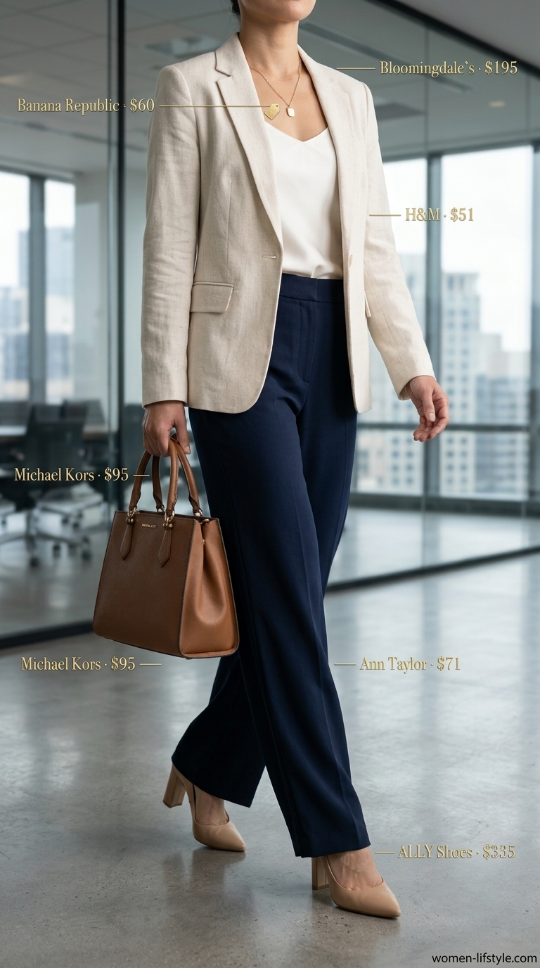 Polished summer work outfit: Navy wide-leg trousers, cream silk top, oversized blazer, and satchel for executive confidence.