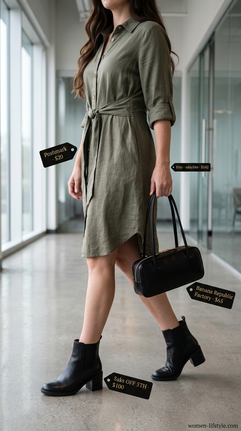 Olive green shirt dress, black belt, and ankle boots for everyday office wear.