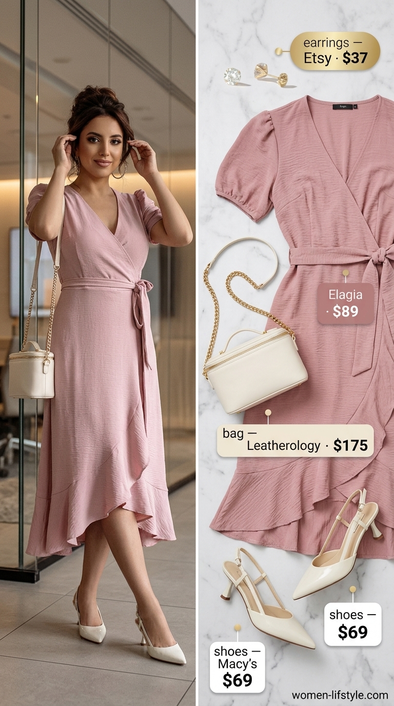 Elegant dusty rose midi dress, cream pumps, and gold earrings for a business lunch or presentation.