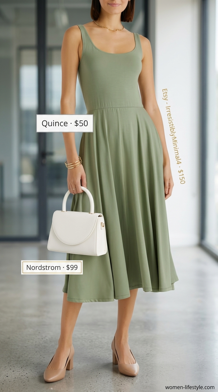 Polished summer work outfit: Sage green A-line midi dress, tan mules, and structured crossbody bag for office chic.