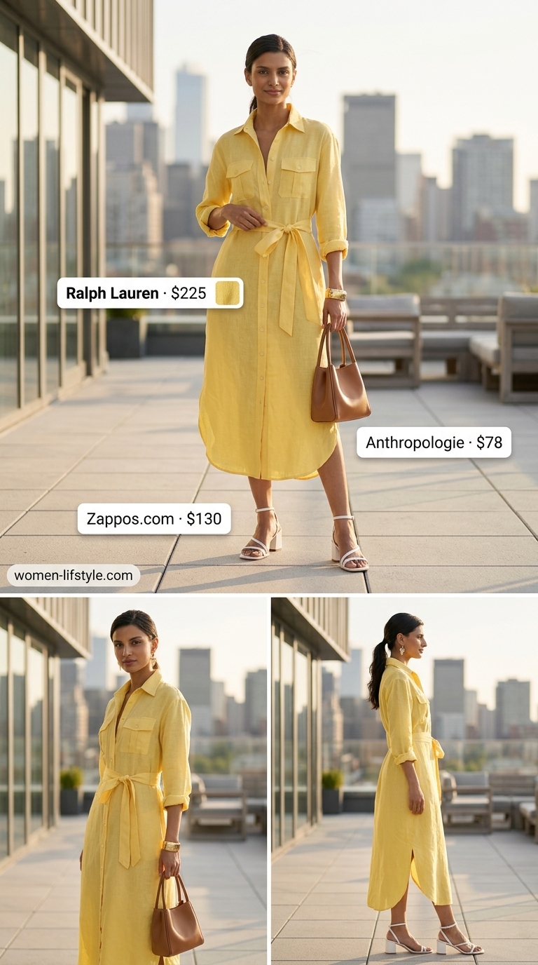 Soft yellow shirtdress, white sandals, and brown tote for daily office wear.
