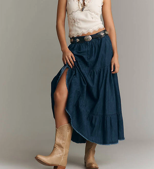 skirt 100% Cotton Tiered Denim Midi Skirt by Pilcro in Blue, Size: XS at Anthropologie Anthropologie $158