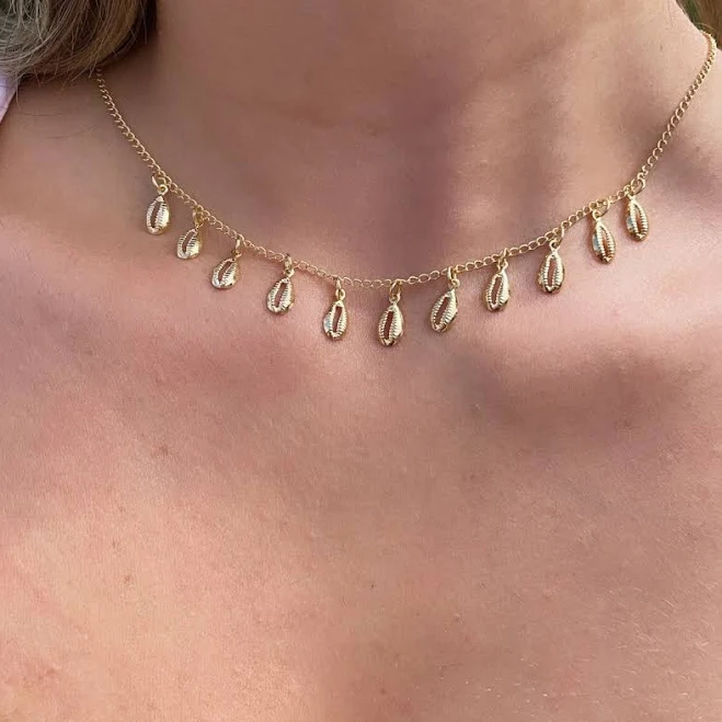 accessory 18k Gold Layered Dainty Chain with Eleven Extra Light Cowrie Shell Charms Bella Joias Miami $9.9