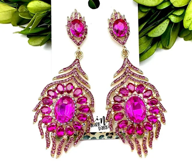 accessory 3.25" Gold Fuchsia Rhinestone Dangle Earrings Etsy - FringeAccessoriesBCB $34.15