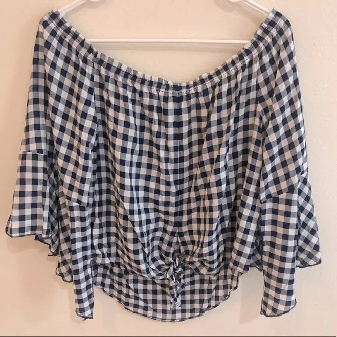 off-shoulder top Aakaa Off-The-Shoulder Gingham Long Sleeve Blouse Poshmark $20