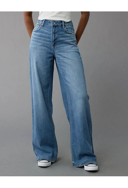 wide leg pants AE Dreamy Drape Stretch Super High-Waisted Baggy Wide-Leg Jean American Eagle Outfitters $44.96