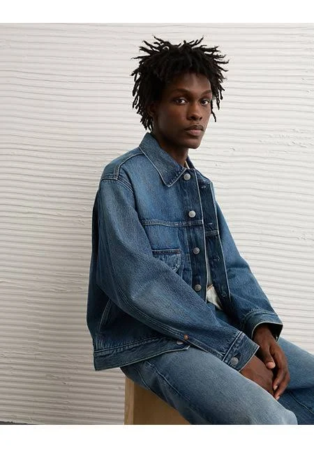 denim jacket AE Men's Denim Trucker Jacket American Eagle Outfitters $71.21