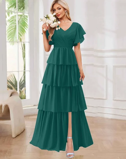 dress Alena Modest A-Line Tiered Ruffle Chiffon Bridesmaid Dress with Sleeves Pomuyoo $89