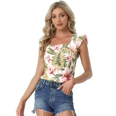 top Allegra K Women's Tropical Floral Printed Square Neck Ruffle Sleeve Tank Top Target $27.99
