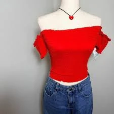off-shoulder top Almost Famous Red Smocked Off Shoulder Crop Top XS Ruffled Sleeve eBay $11.2