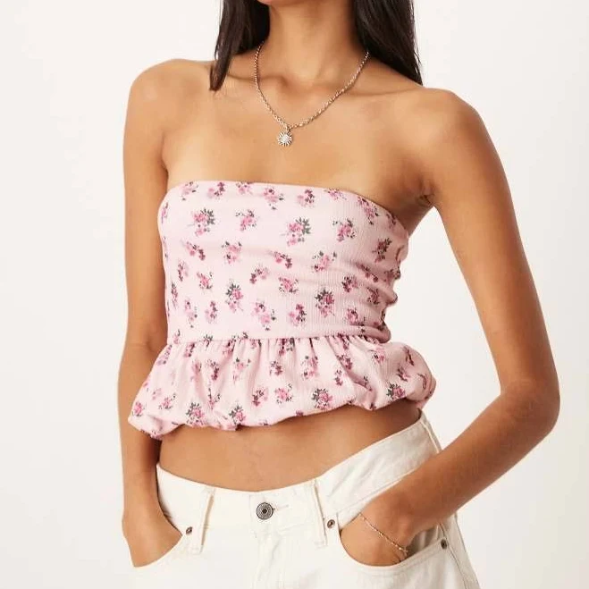 top ASOS DESIGN textured bandeau crop top with bubble hem in pink delicate floral print-Multi ASOS $12.59