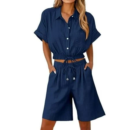 matching set Atogsazn Women's 2PC Linen Set Casual Button Down Short Sleeve Shirt Drawstring Shorts Outfit Clothes 01 Walmart - gjutow $17.99
